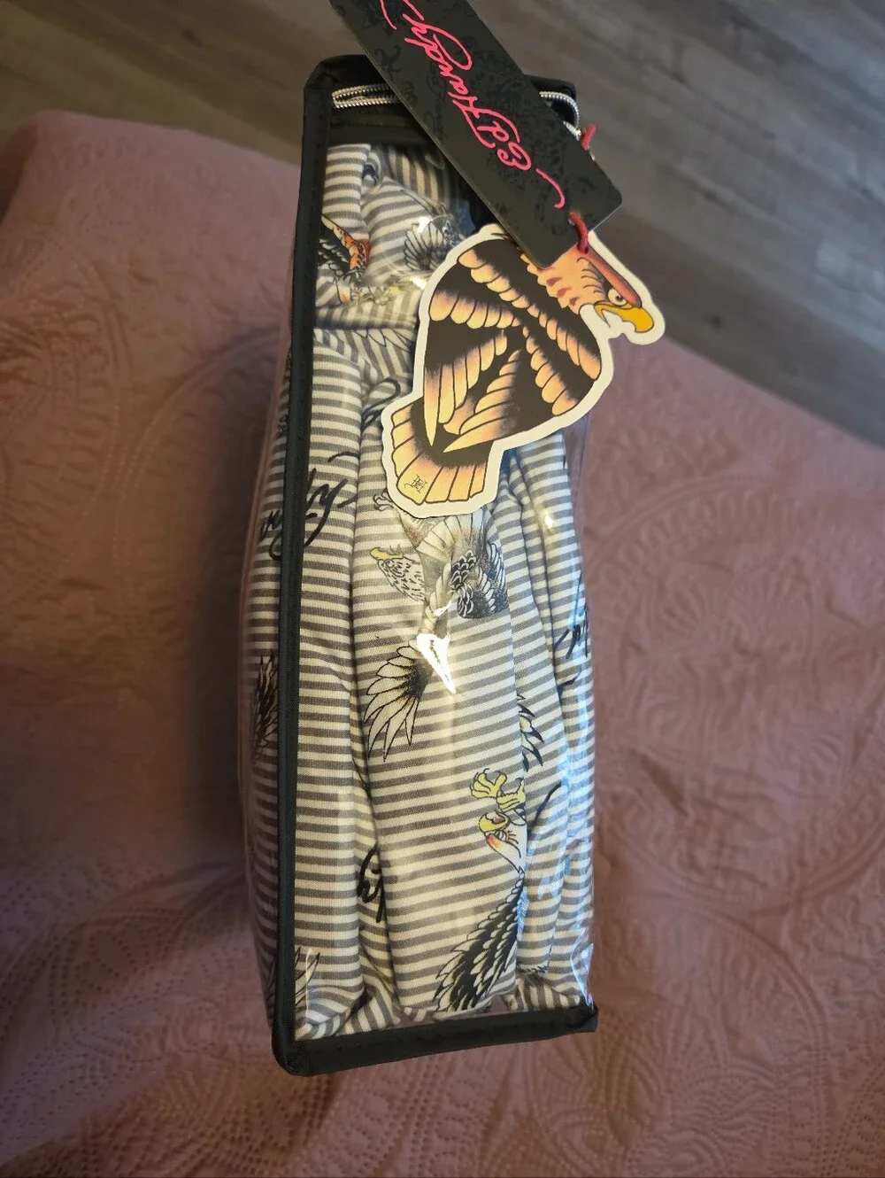 Ed Hardy King Sheet Set - White, Black and Red Striped with Tiger & Eagle Motifs